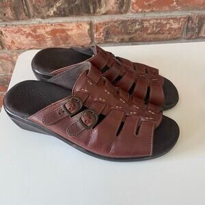 SAS Tango Slide Wedge Sandal Size 9.5 Brown Leather Comfort Slip On Peep Toe